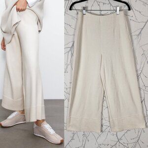 Zara Ivory Ribbed Knit High Rise Pull On Wide Leg Pants